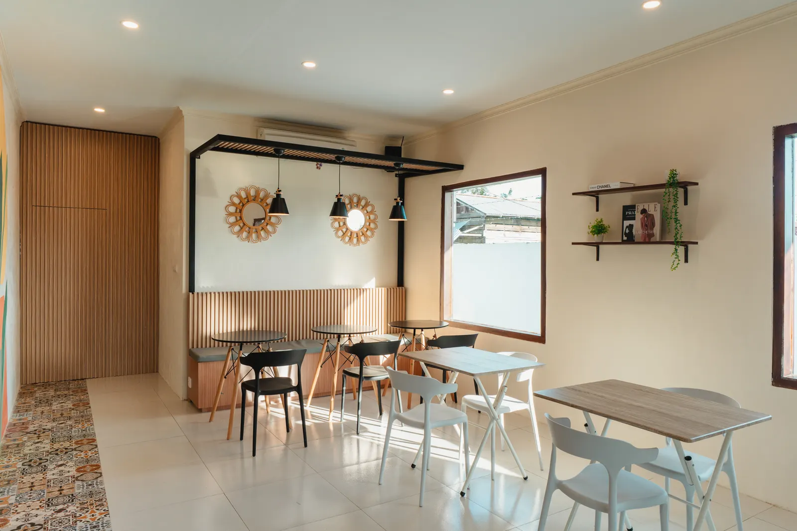 Dining room with wooden panels